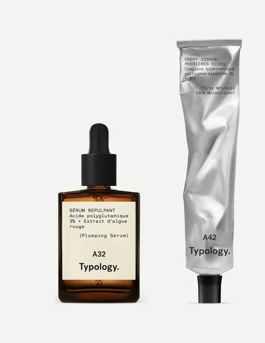 Typology First Wrinkles Duo, Plumping Serum with Polyglutamic Acid 3% and Face Moisturizer with Collagen-Elastin 3%, Anti-Aging Skincare Set